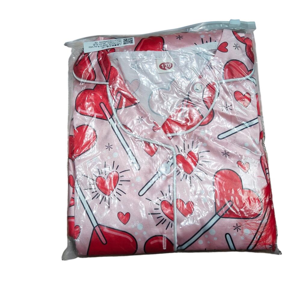 Satin Pink Heart Lollipop Printed Pajama Set Feather Cuffs Girl Kids 130